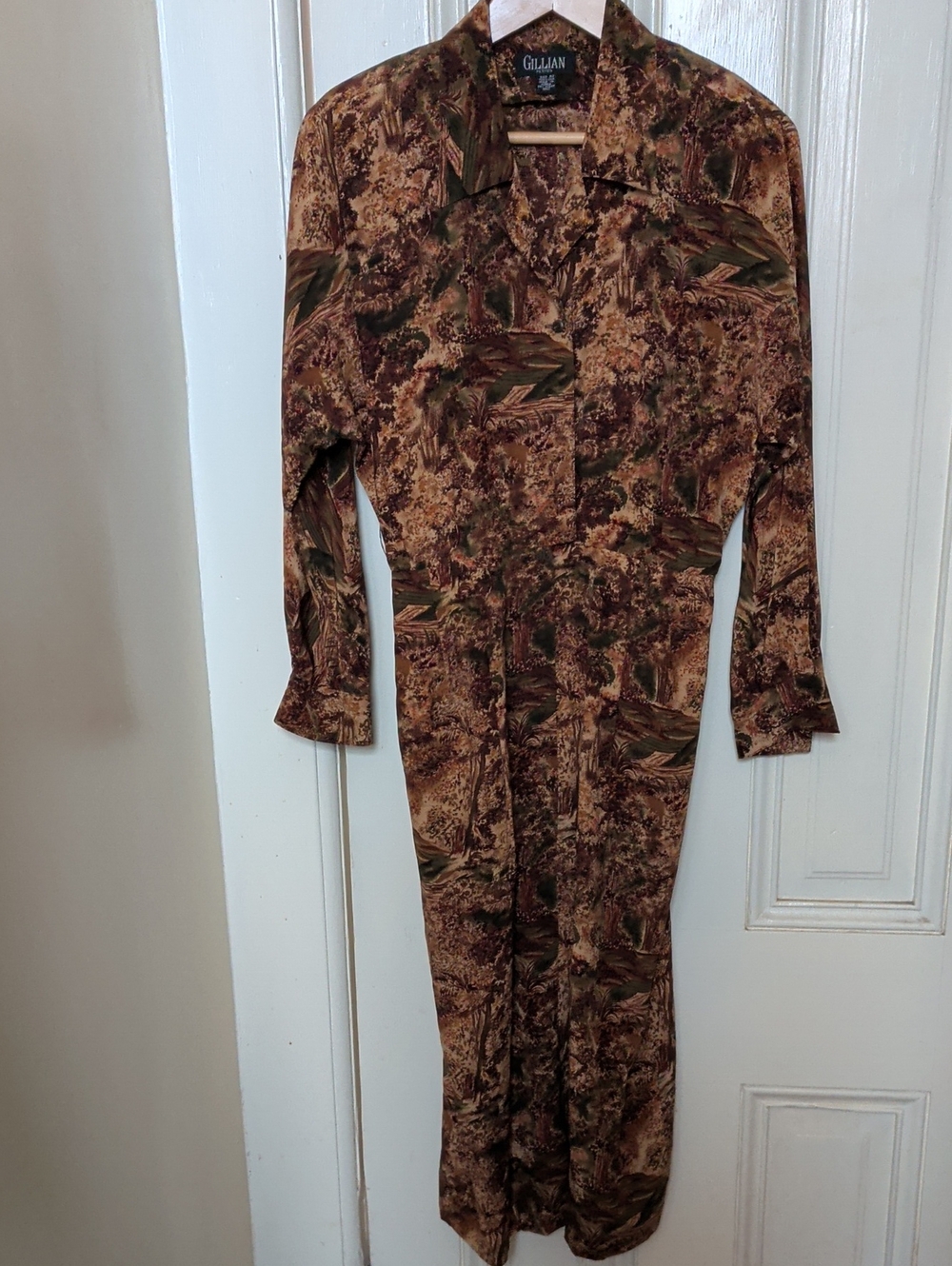 Vintage 80s Gillian Brown & Green Printed Long Sleeve Silk Dress